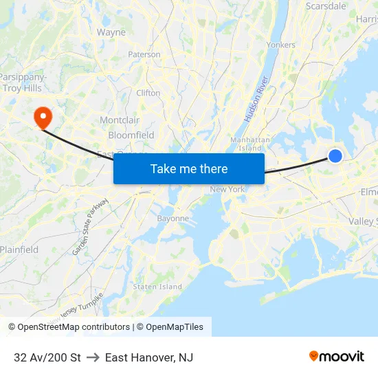 32 Av/200 St to East Hanover, NJ map
