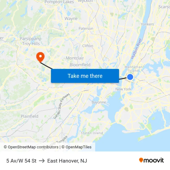 5 Av/W 54 St to East Hanover, NJ map