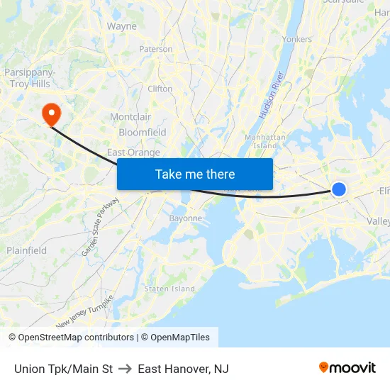 Union Tpk/Main St to East Hanover, NJ map
