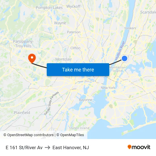 E 161 St/River Av to East Hanover, NJ map