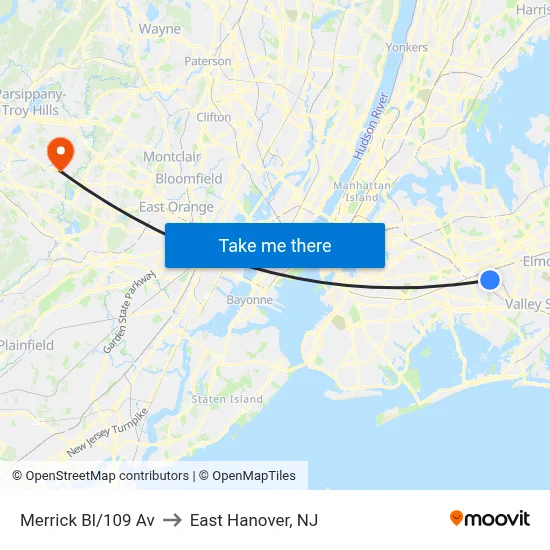 Merrick Bl/109 Av to East Hanover, NJ map