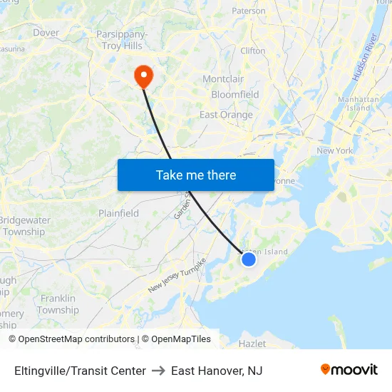 Eltingville/Transit Center to East Hanover, NJ map