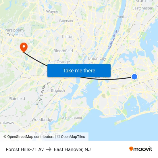 Forest Hills-71 Av to East Hanover, NJ map