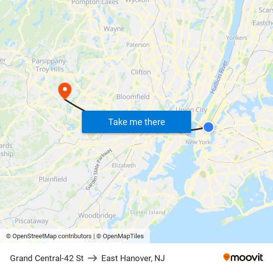 Grand Central-42 St to East Hanover, NJ map