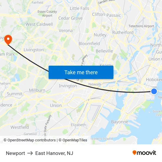 Newport to East Hanover, NJ map