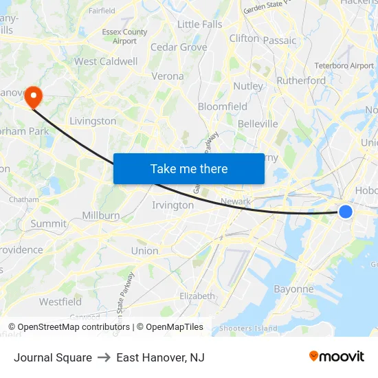 Journal Square to East Hanover, NJ map