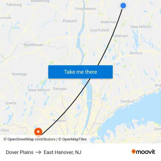 Dover Plains to East Hanover, NJ map