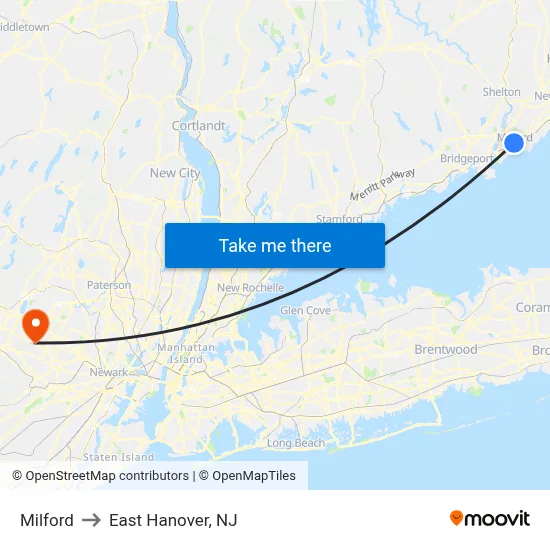 Milford to East Hanover, NJ map