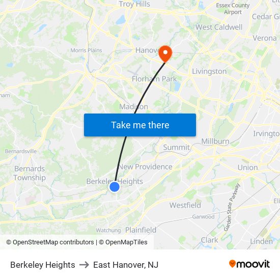 Berkeley Heights to East Hanover, NJ map