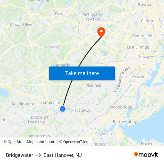 Bridgewater to East Hanover, NJ map