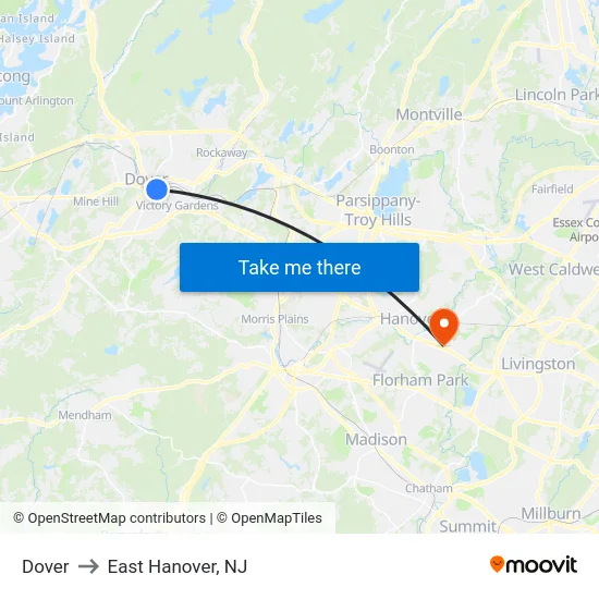 Dover to East Hanover, NJ map