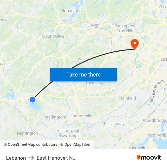 Lebanon to East Hanover, NJ map