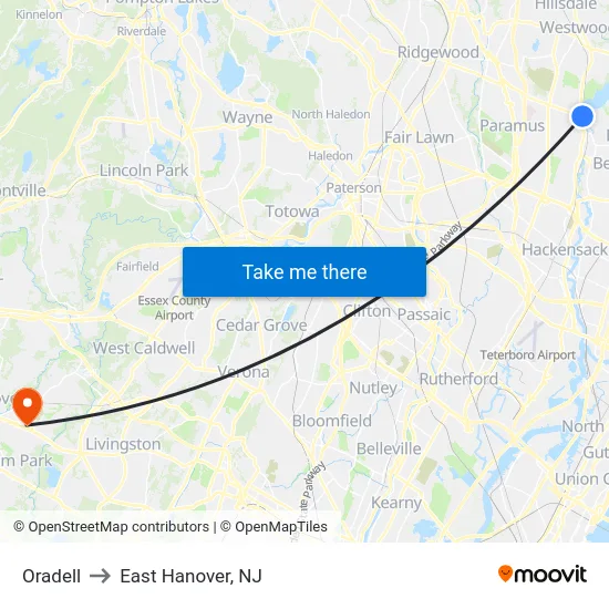Oradell to East Hanover, NJ map