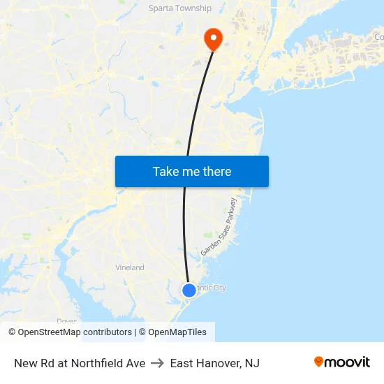 New Rd at Northfield Ave to East Hanover, NJ map