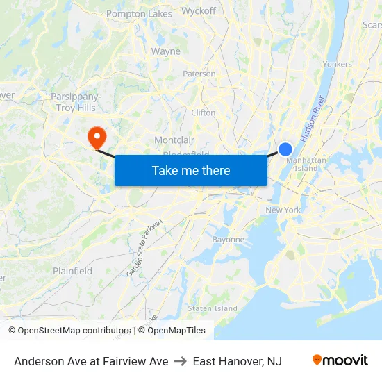 Anderson Ave at Fairview Ave to East Hanover, NJ map