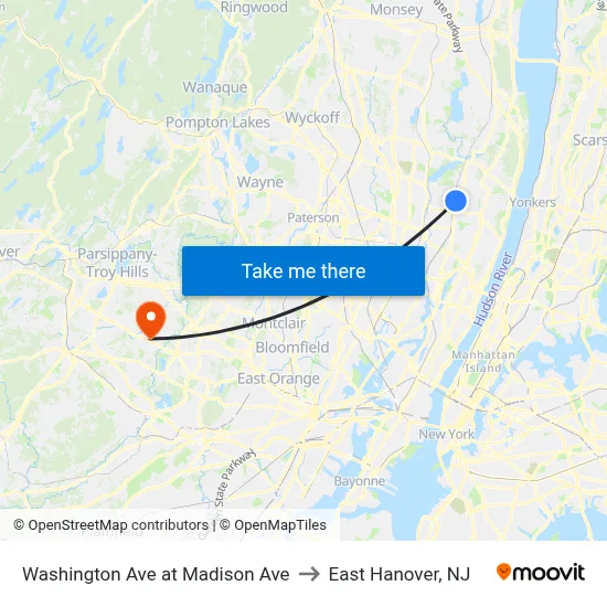Washington Ave at Madison Ave to East Hanover, NJ map