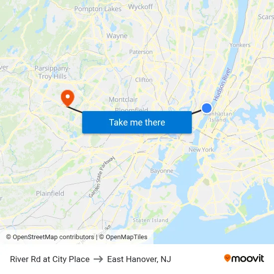 River Rd at City Place to East Hanover, NJ map