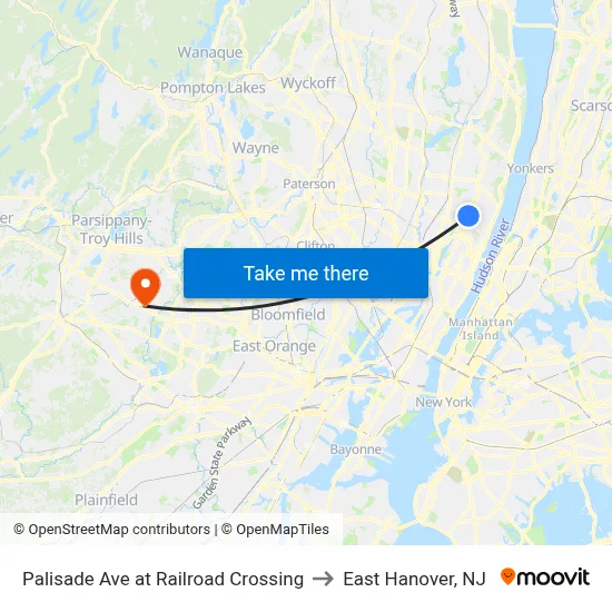 Palisade Ave at Railroad Crossing to East Hanover, NJ map