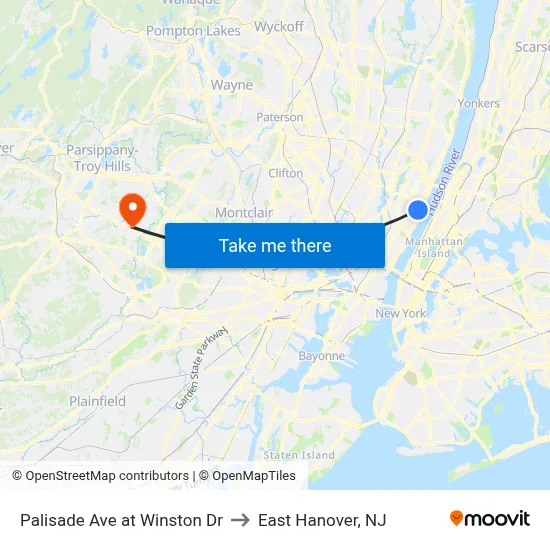 Palisade Ave at Winston Dr to East Hanover, NJ map