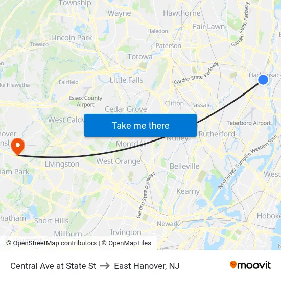 Central Ave at State St to East Hanover, NJ map