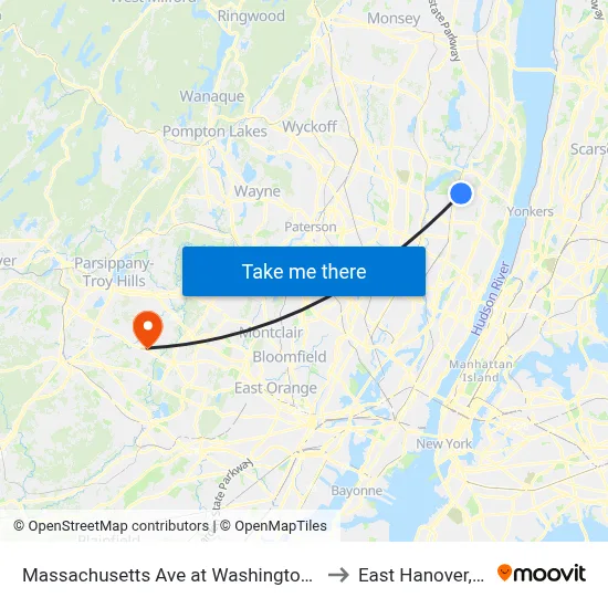 Massachusetts Ave at Washington Ave to East Hanover, NJ map