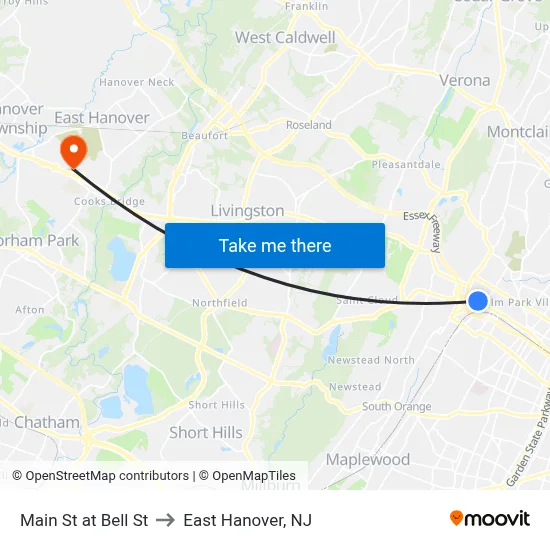Main St at Bell St to East Hanover, NJ map