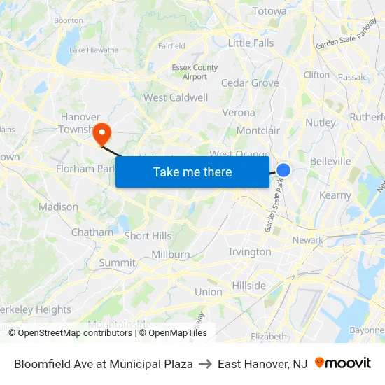 Bloomfield Ave at Municipal Plaza to East Hanover, NJ map