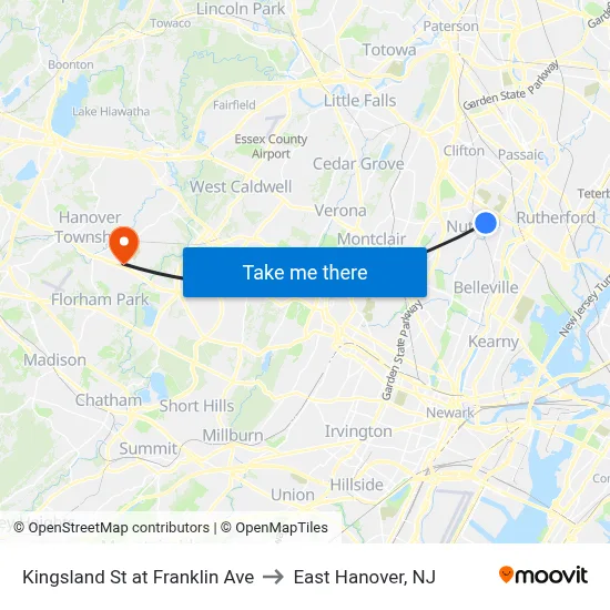 Kingsland St at Franklin Ave to East Hanover, NJ map