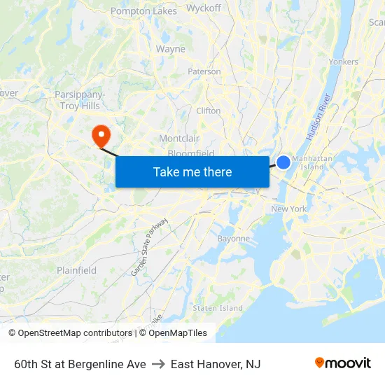 60th St at Bergenline Ave to East Hanover, NJ map