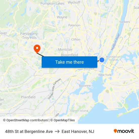 48th St at Bergenline Ave to East Hanover, NJ map
