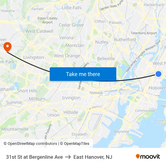 31st St at Bergenline Ave to East Hanover, NJ map
