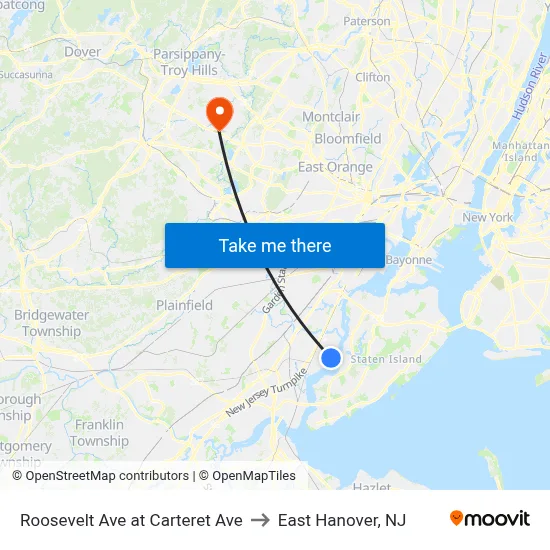 Roosevelt Ave at Carteret Ave to East Hanover, NJ map