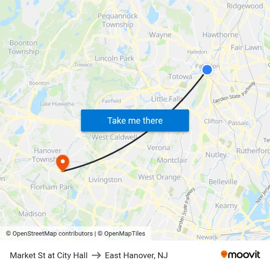 Market St at City Hall to East Hanover, NJ map