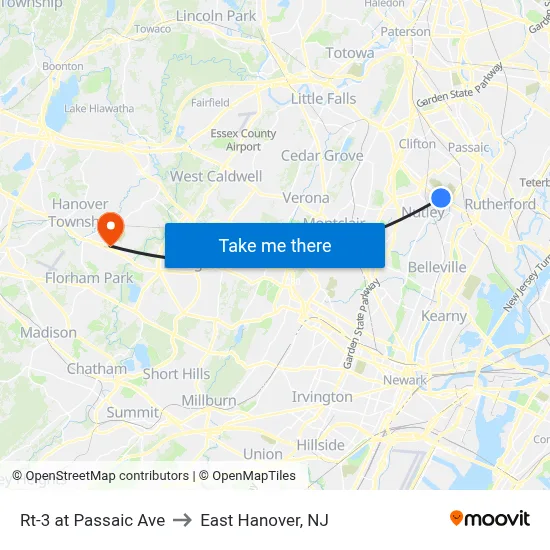 Rt-3 at Passaic Ave to East Hanover, NJ map
