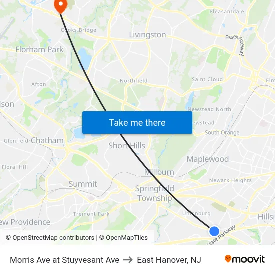 Morris Ave at Stuyvesant Ave to East Hanover, NJ map