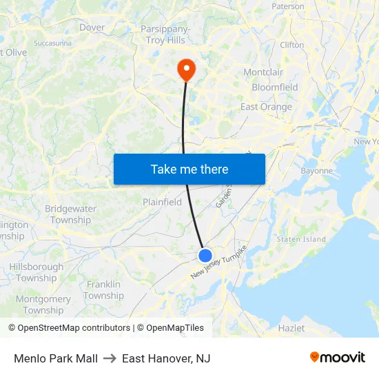 Menlo Park Mall to East Hanover, NJ map