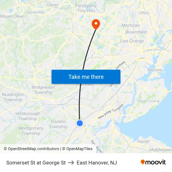 Somerset St at George St to East Hanover, NJ map