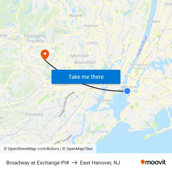 Broadway at Exchange Pl# to East Hanover, NJ map