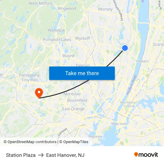 Station Plaza to East Hanover, NJ map