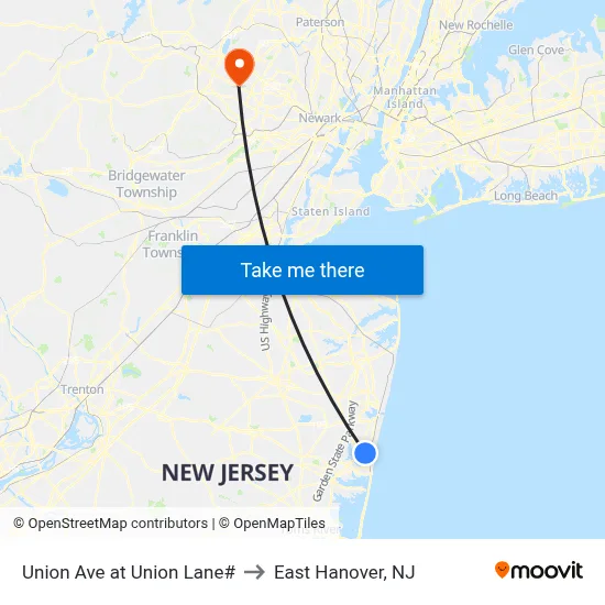 Union Ave at Union Lane# to East Hanover, NJ map