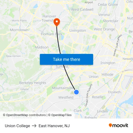 Union College to East Hanover, NJ map