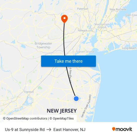 Us-9 at Sunnyside Rd to East Hanover, NJ map