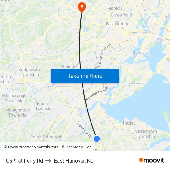 Us-9 at Ferry Rd to East Hanover, NJ map