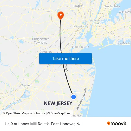Us-9 at Lanes Mill Rd to East Hanover, NJ map