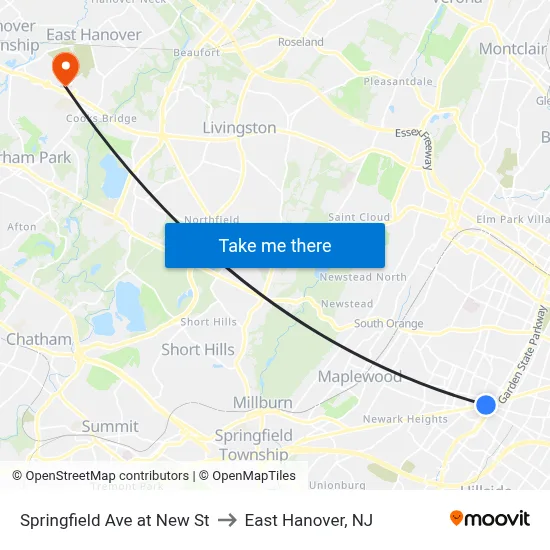 Springfield Ave at New St to East Hanover, NJ map