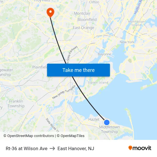Rt-36 at Wilson Ave to East Hanover, NJ map