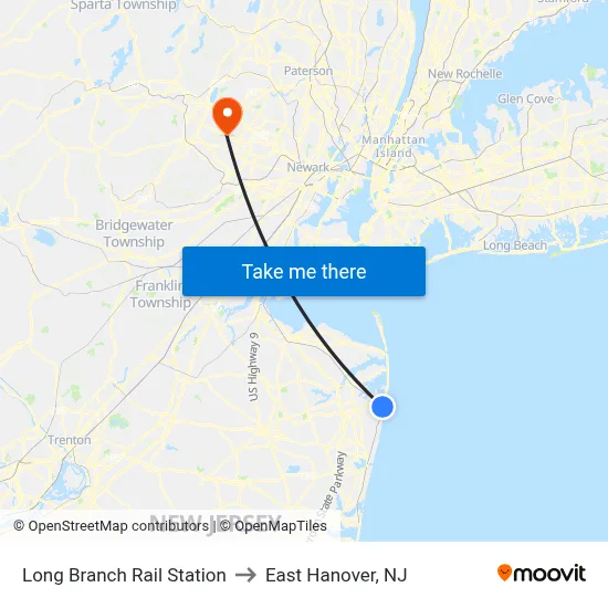 Long Branch Rail Station to East Hanover, NJ map