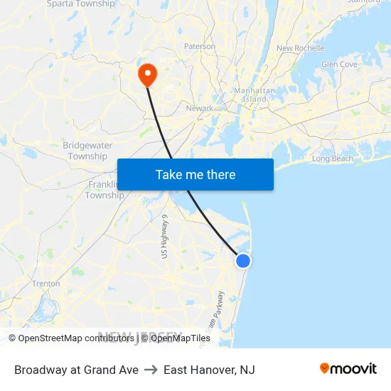 Broadway at Grand Ave to East Hanover, NJ map