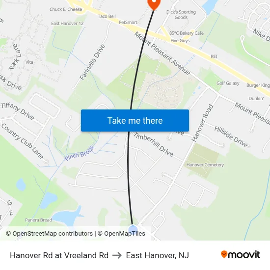 Hanover Rd at Vreeland Rd to East Hanover, NJ map