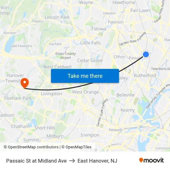 Passaic St at Midland Ave to East Hanover, NJ map